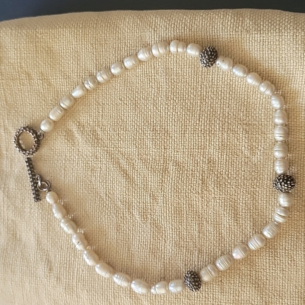 Pearl Necklace with Sterling Plated Accent beads and Toggle Clasp